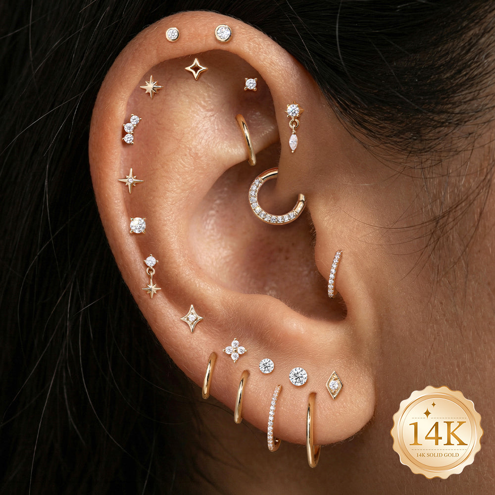 14K Gold Minimalist Geometric Marquise CZ Titanium Internally Threaded Flat Back Cartilage Stud | Hypoallergenic Piercing Jewelry