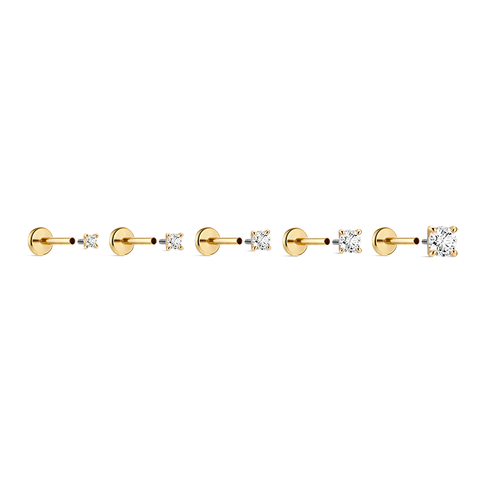 14K Gold Classic Four-Prong CZ Titanium Internally Threaded Flat Back Cartilage Stud | Hypoallergenic Piercing Jewelry