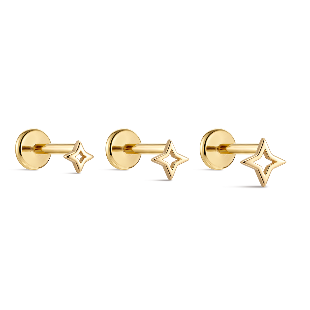 14K Gold Polished Four-Pointed Star Titanium Internally Threaded Flat Back Cartilage Stud | Hypoallergenic Piercing Jewelry