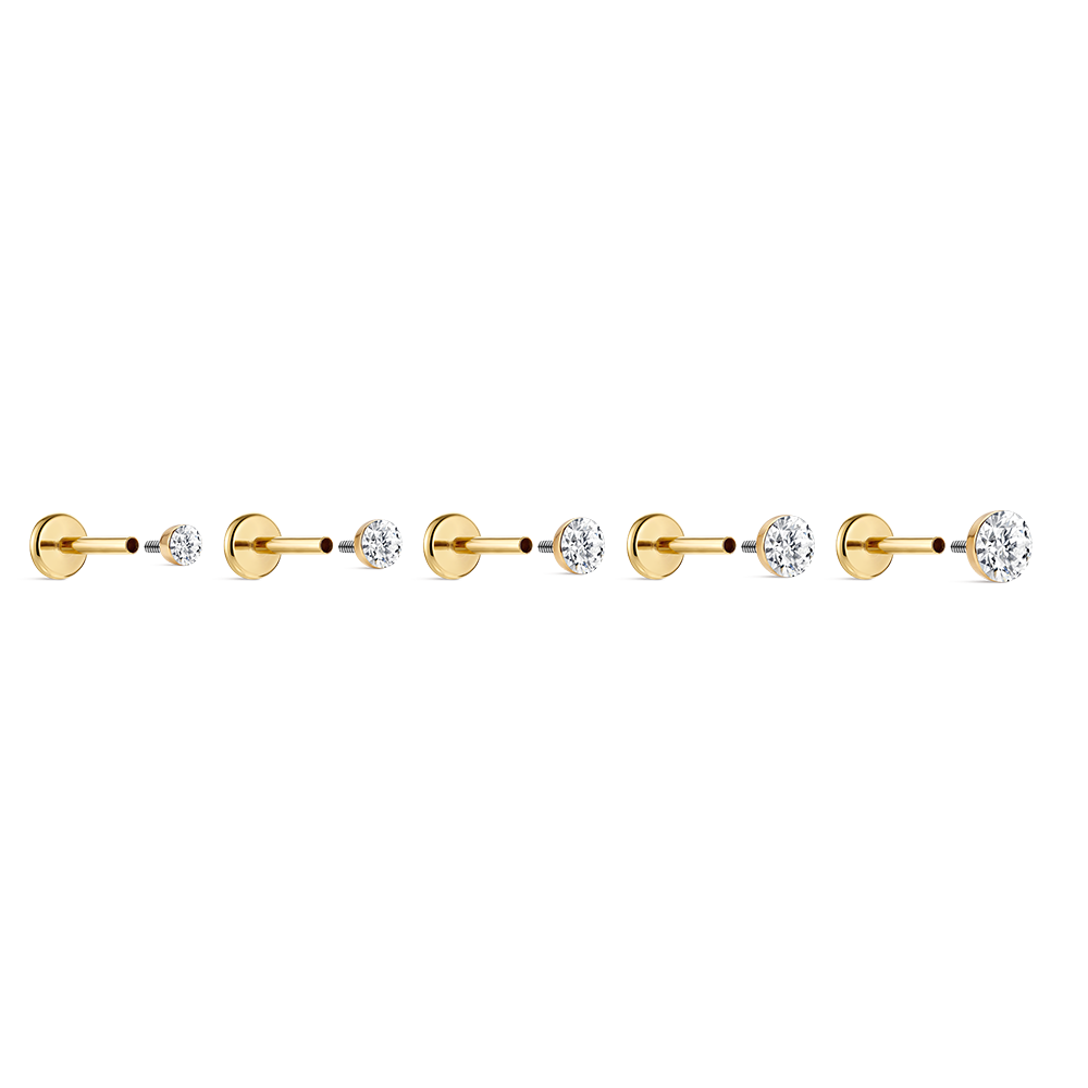 14K Gold Classic Round Flush-Set CZ Titanium Internally Threaded Flat Back Cartilage Stud | Hypoallergenic Piercing Jewelry