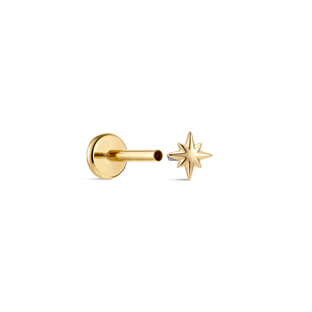 14K Gold Mini Polished Eight-Pointed Star Titanium Internally Threaded Flat Back Cartilage Stud | Hypoallergenic Piercing Jewelry