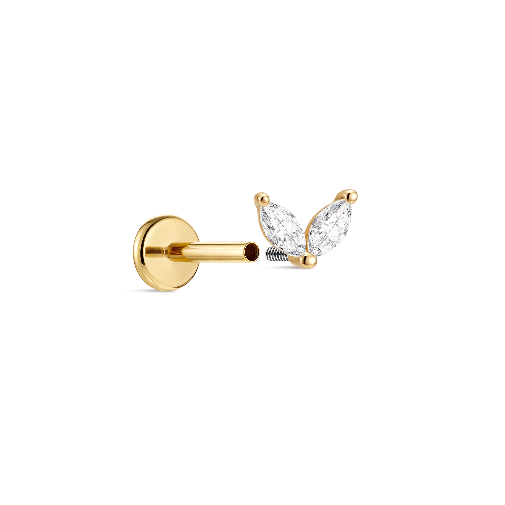 14K Gold Minimalist Geometric Marquise CZ Titanium Internally Threaded Flat Back Cartilage Stud | Hypoallergenic Piercing Jewelry