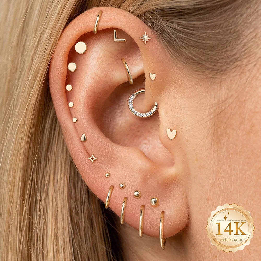 14K Gold Polished Mini Heart Titanium Internally Threaded Flat Back Cartilage Stud | Hypoallergenic Piercing Jewelry
