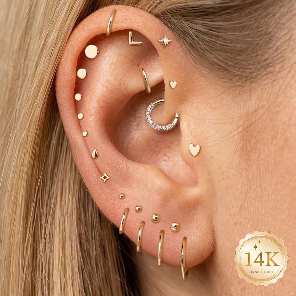 14K Gold Mini Polished Eight-Pointed Star Titanium Internally Threaded Flat Back Cartilage Stud | Hypoallergenic Piercing Jewelry
