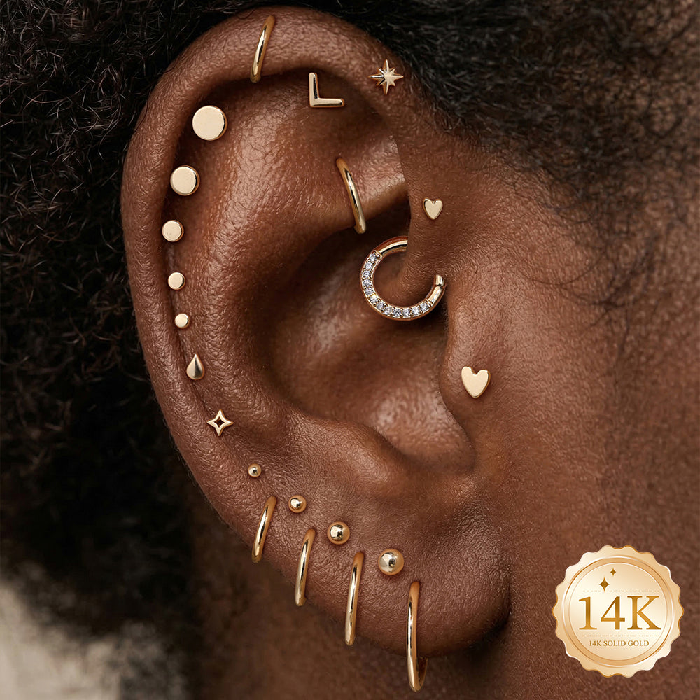 14K Gold Polished Mini Heart Titanium Internally Threaded Flat Back Cartilage Stud | Hypoallergenic Piercing Jewelry