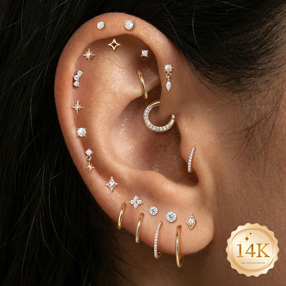 14K Gold Eight-Pointed Star CZ Titanium Internally Threaded Flat Back Cartilage Stud | Hypoallergenic Piercing Jewelry