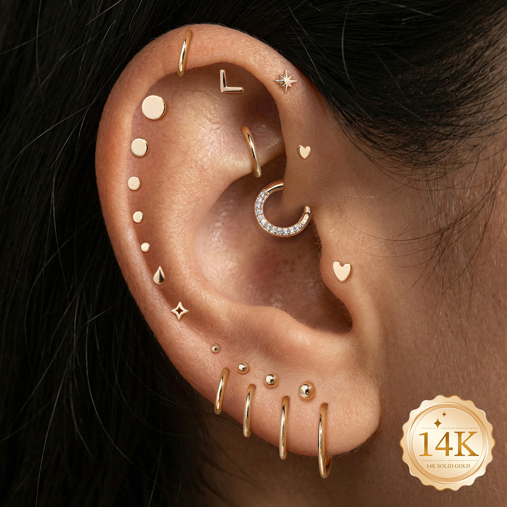 14K Gold Polished Mini Heart Titanium Internally Threaded Flat Back Cartilage Stud | Hypoallergenic Piercing Jewelry