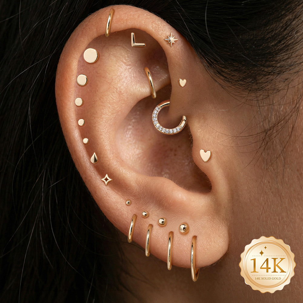 14K Gold Mini Polished Eight-Pointed Star Titanium Internally Threaded Flat Back Cartilage Stud | Hypoallergenic Piercing Jewelry