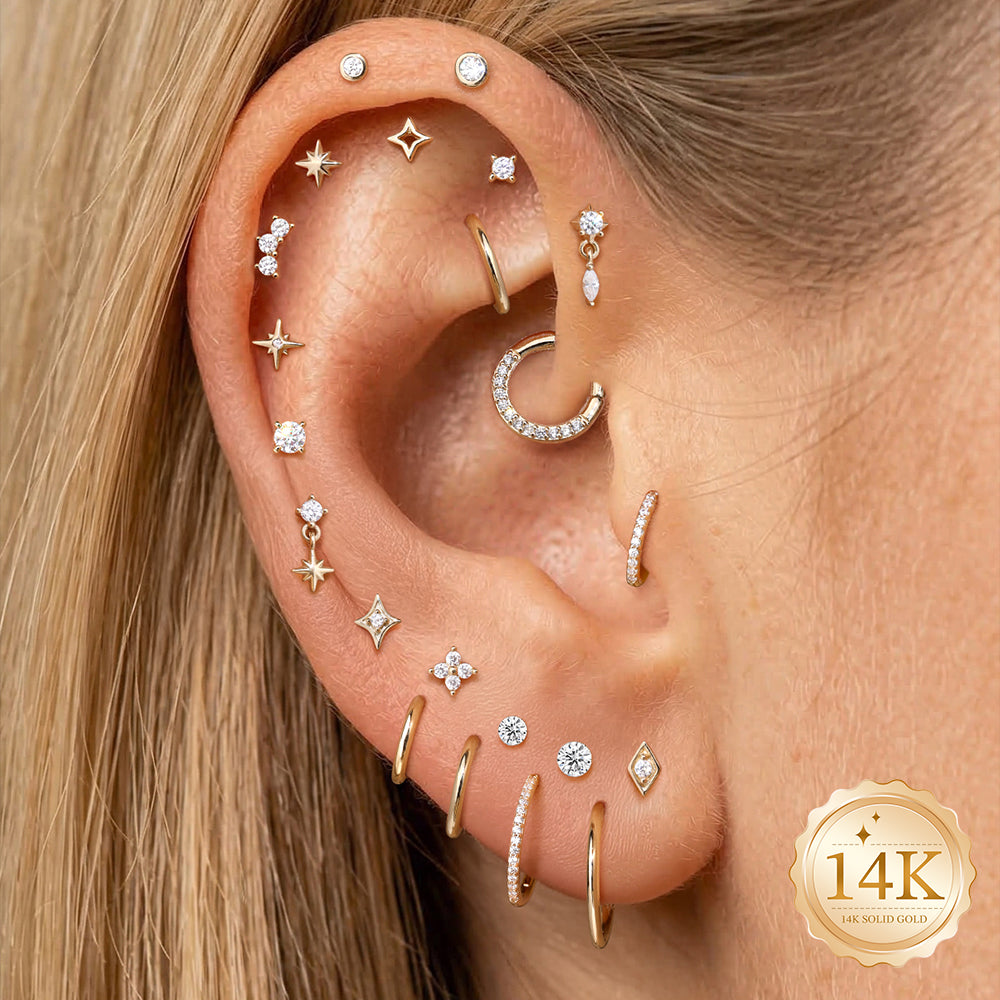 14K Gold Minimalist Geometric Marquise CZ Titanium Internally Threaded Flat Back Cartilage Stud | Hypoallergenic Piercing Jewelry