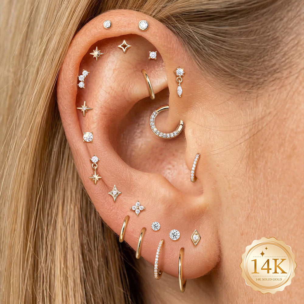 14K Gold Four-Pointed Star CZ Titanium Internally Threaded Flat Back Cartilage Stud | Hypoallergenic Piercing Jewelry