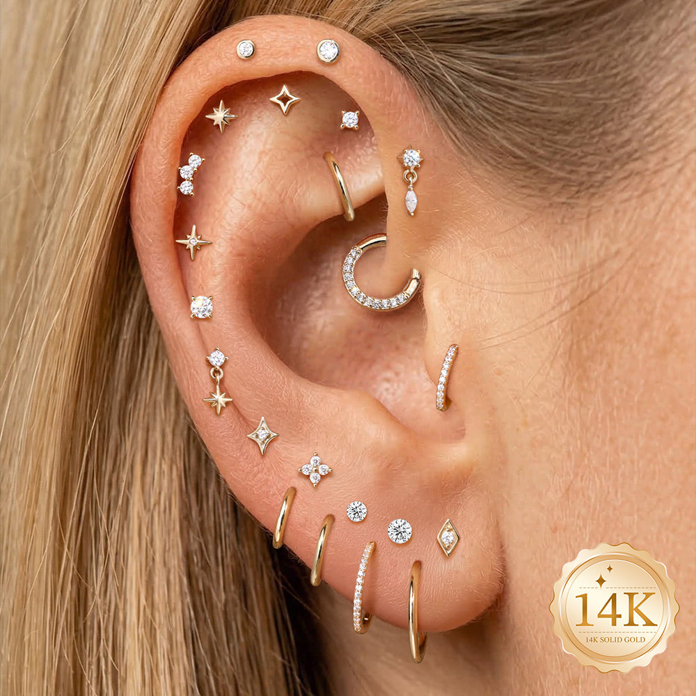 14K Gold Four-Petal Flower CZ Titanium Internally Threaded Flat Back Cartilage Stud | Hypoallergenic Piercing Jewelry