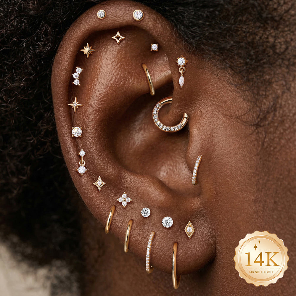 14K Gold Minimalist Geometric Diamond CZ Titanium Internally Threaded Flat Back Cartilage Stud | Hypoallergenic Piercing Jewelry