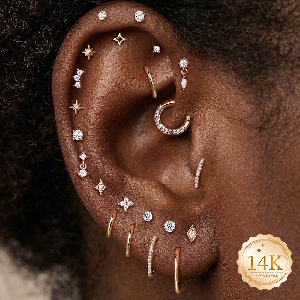 14K Gold Four-Pointed Star CZ Titanium Internally Threaded Flat Back Cartilage Stud | Hypoallergenic Piercing Jewelry