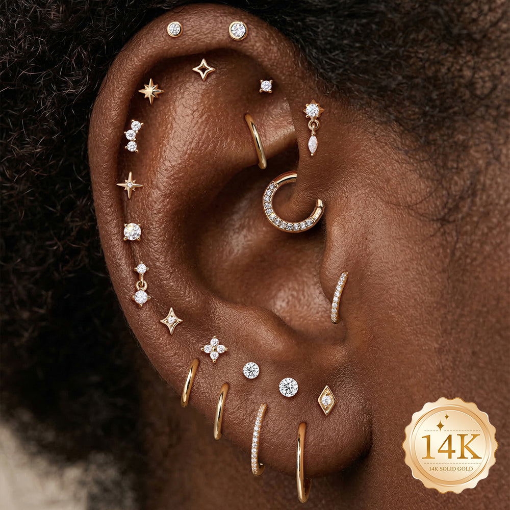 14K Gold Four-Petal Flower CZ Titanium Internally Threaded Flat Back Cartilage Stud | Hypoallergenic Piercing Jewelry