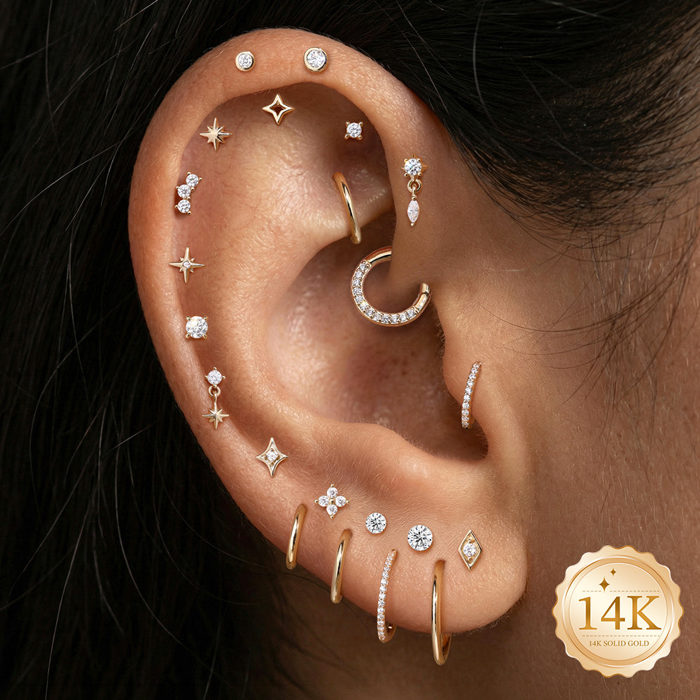 14K Gold Eight-Pointed Star CZ Titanium Internally Threaded Flat Back Cartilage Stud | Hypoallergenic Piercing Jewelry