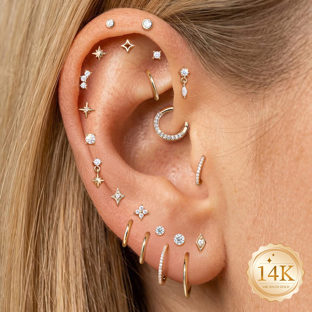 14K Gold Eight-Pointed Star CZ Titanium Internally Threaded Flat Back Cartilage Stud | Hypoallergenic Piercing Jewelry