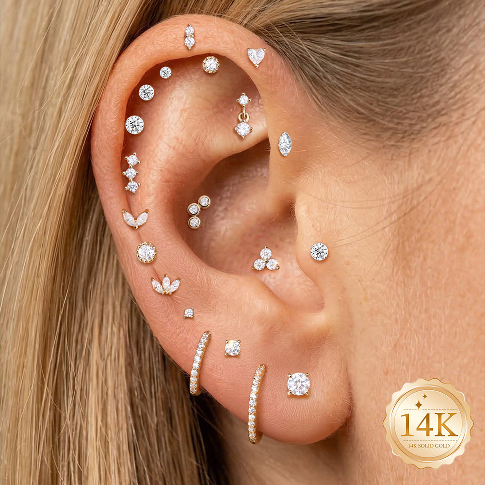 14K Gold Classic Triple CZ Cluster Titanium Internally Threaded Flat Back Cartilage Stud | Hypoallergenic Piercing Jewelry