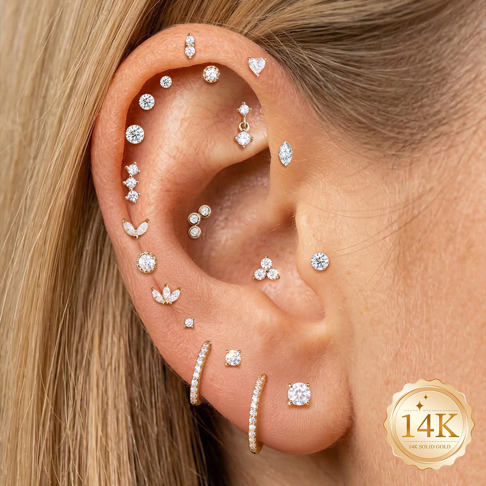 14K Gold Classic Triple Linear CZ Titanium Internally Threaded Flat Back Cartilage Stud | Hypoallergenic Piercing Jewelry