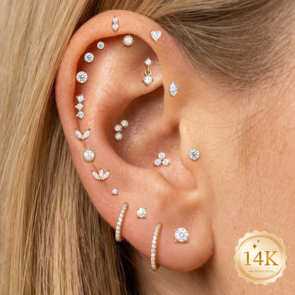 14K Gold Minimalist Geometric Marquise CZ Titanium Internally Threaded Flat Back Cartilage Stud | Hypoallergenic Piercing Jewelry