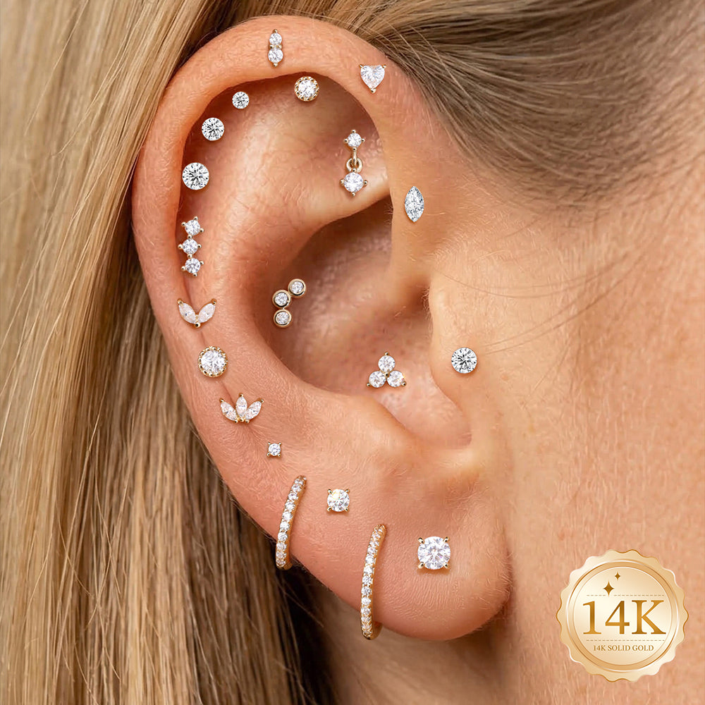14K Gold Marquise CZ Titanium Internally Threaded Flat Back Cartilage Stud | Hypoallergenic Piercing Jewelry