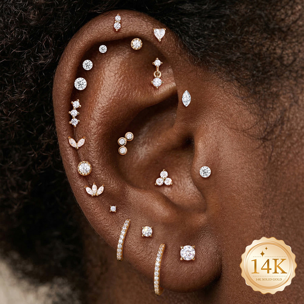 14K Gold Triple Round Bezel-Set CZ Titanium Internally Threaded Flat Back Cartilage Stud | Hypoallergenic Piercing Jewelry