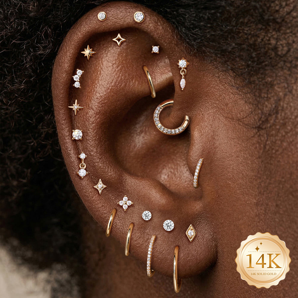 14K Gold Eight-Pointed Star CZ Titanium Internally Threaded Flat Back Cartilage Stud | Hypoallergenic Piercing Jewelry