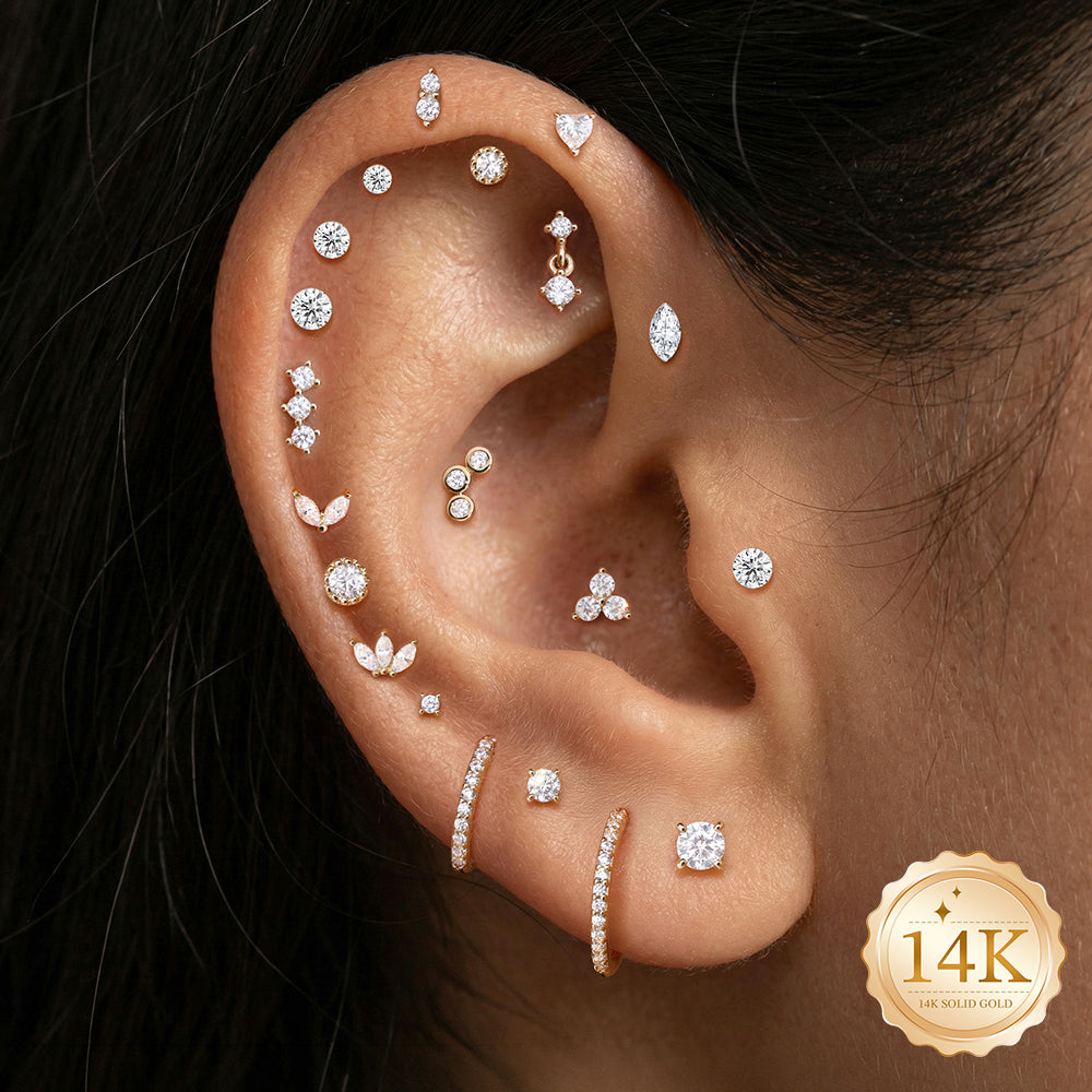 14K Gold Marquise CZ Titanium Internally Threaded Flat Back Cartilage Stud | Hypoallergenic Piercing Jewelry