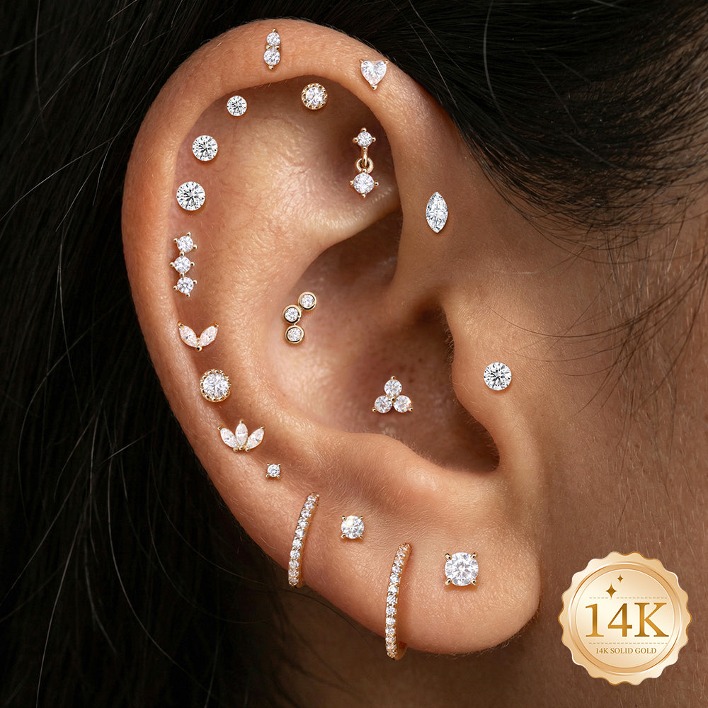 14K Gold Minimalist Geometric Marquise CZ Titanium Internally Threaded Flat Back Cartilage Stud | Hypoallergenic Piercing Jewelry