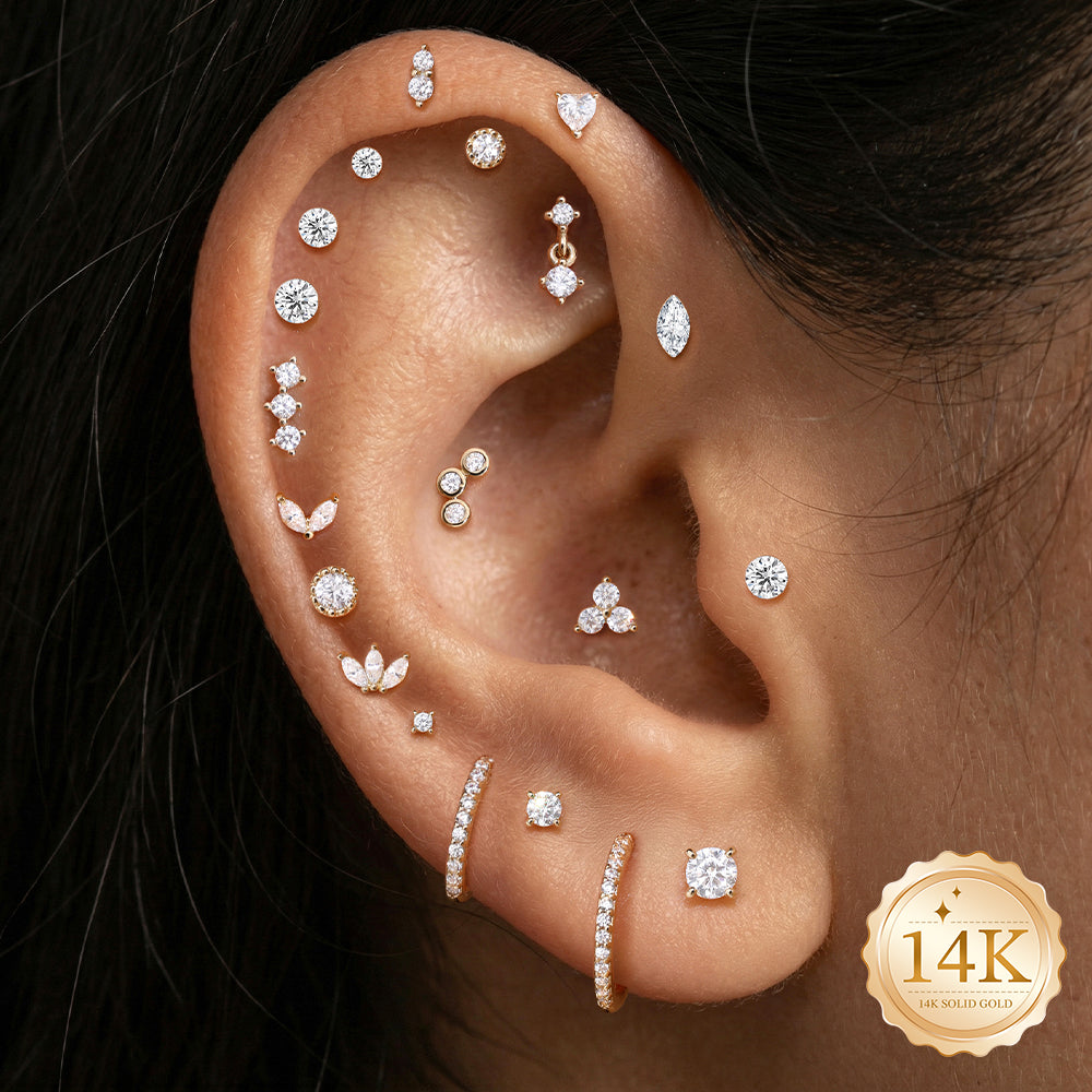 14K Gold Minimalist Geometric Marquise CZ Titanium Internally Threaded Flat Back Cartilage Stud | Hypoallergenic Piercing Jewelry
