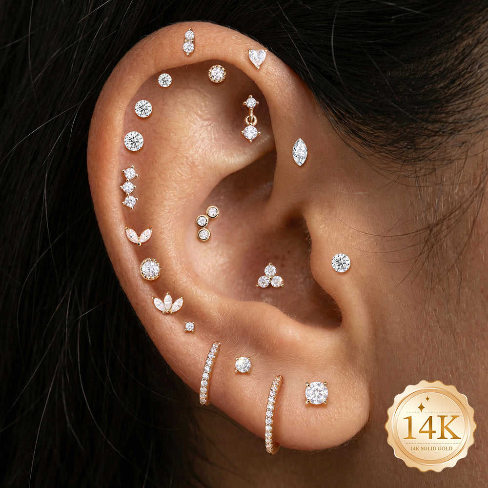 14K Gold Triple Round Bezel-Set CZ Titanium Internally Threaded Flat Back Cartilage Stud | Hypoallergenic Piercing Jewelry