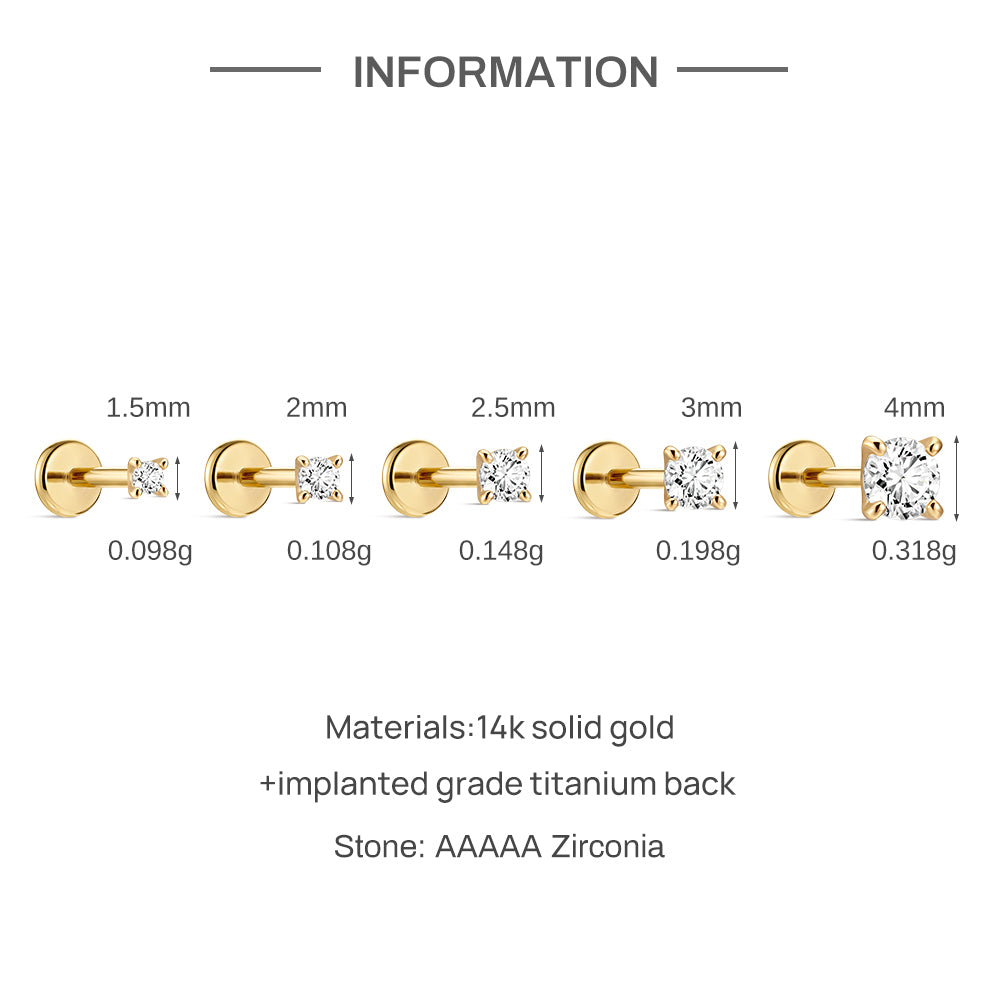 14K Gold Classic Four-Prong CZ Titanium Internally Threaded Flat Back Cartilage Stud | Hypoallergenic Piercing Jewelry