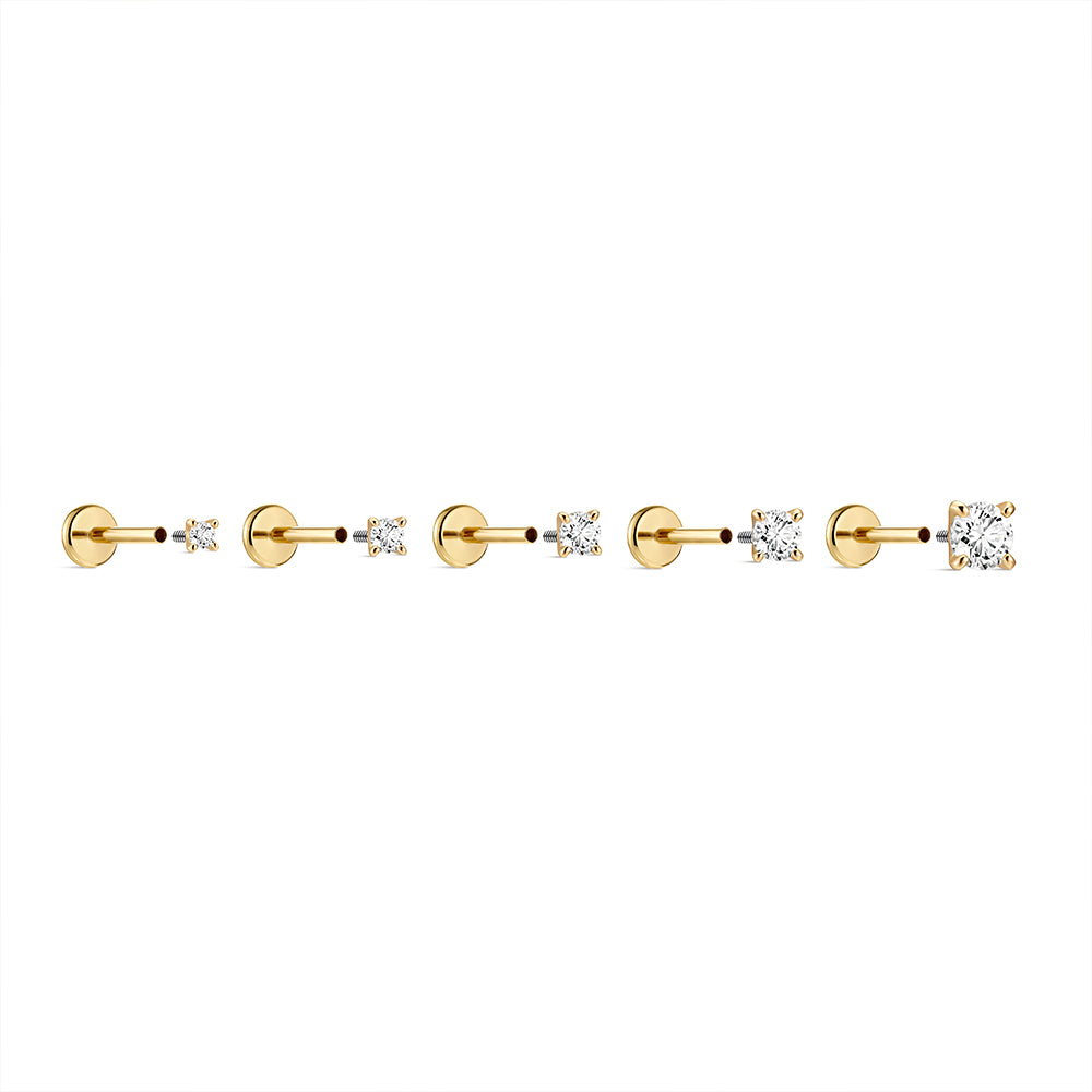 14K Gold Classic Four-Prong CZ Titanium Internally Threaded Flat Back Cartilage Stud | Hypoallergenic Piercing Jewelry