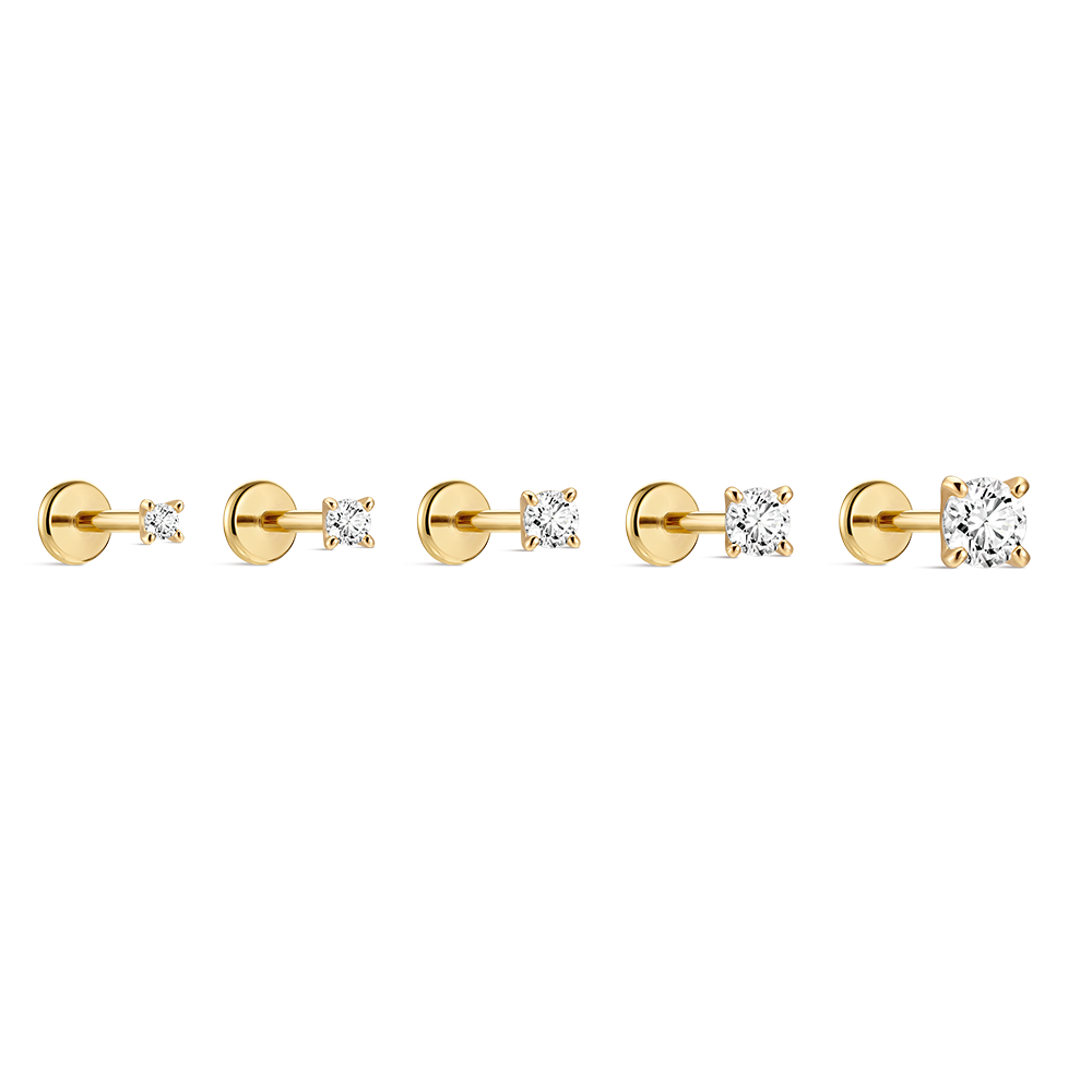 14K Gold Classic Four-Prong CZ Titanium Internally Threaded Flat Back Cartilage Stud | Hypoallergenic Piercing Jewelry