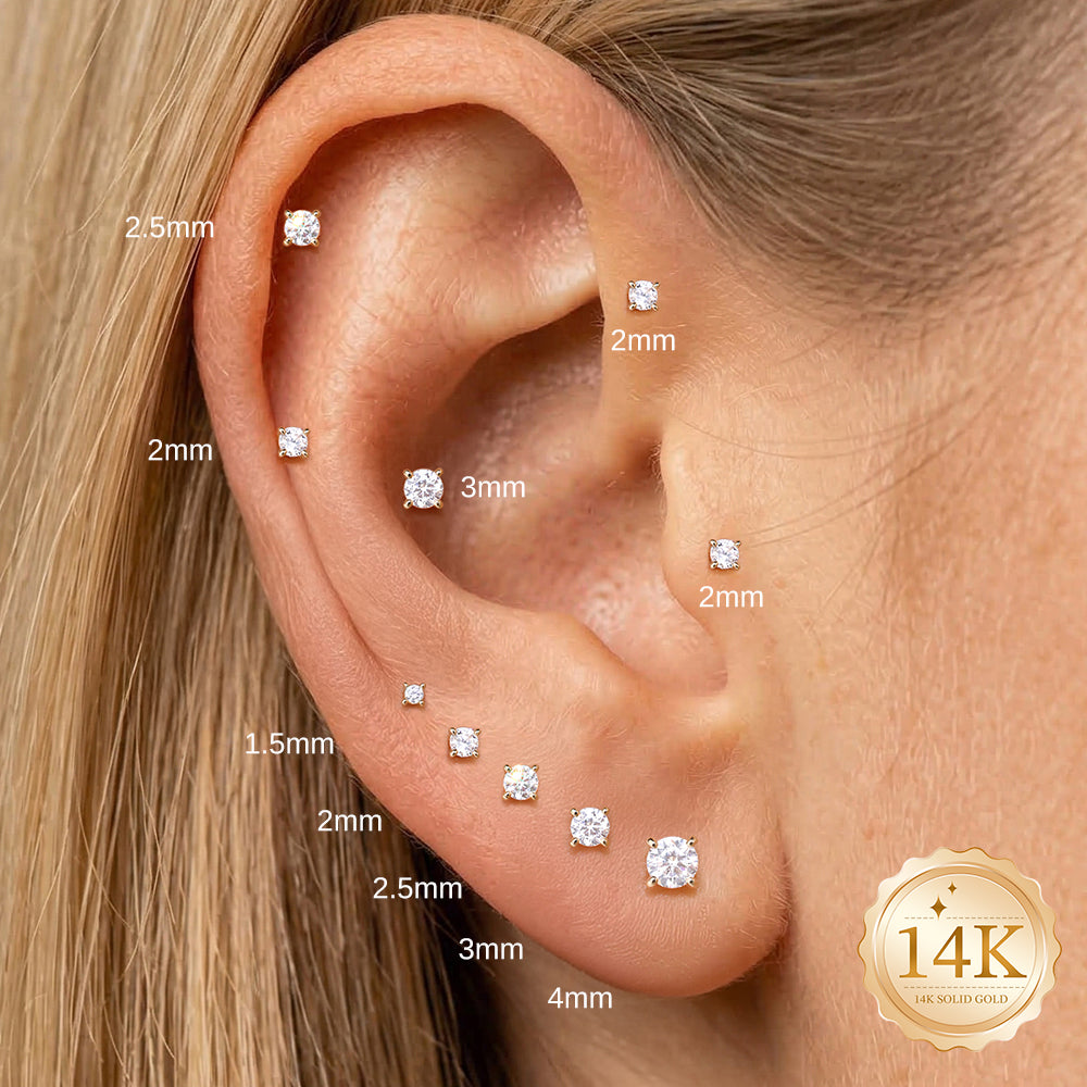 14K Gold Classic Four-Prong CZ Titanium Internally Threaded Flat Back Cartilage Stud | Hypoallergenic Piercing Jewelry