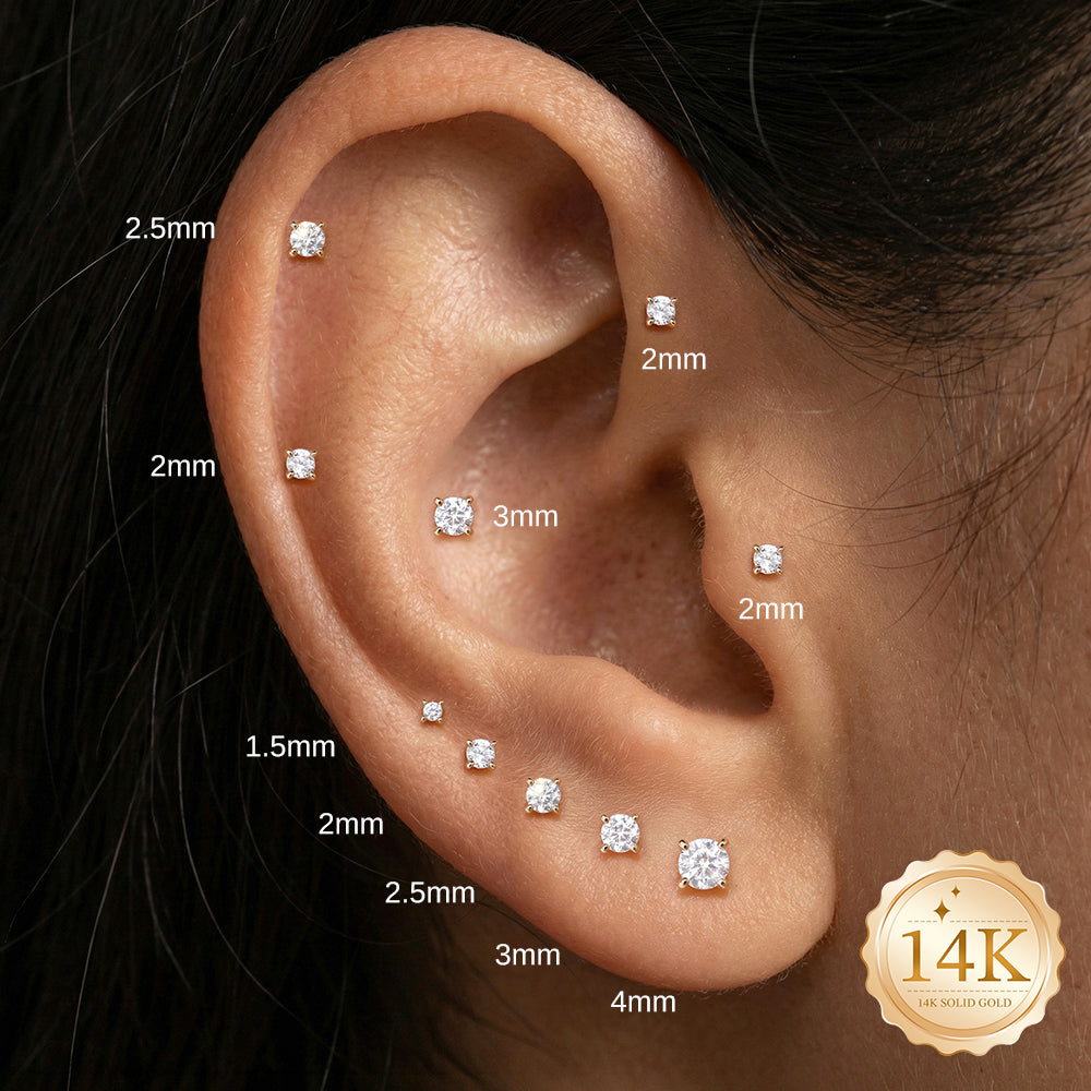 14K Gold Classic Four-Prong CZ Titanium Internally Threaded Flat Back Cartilage Stud | Hypoallergenic Piercing Jewelry