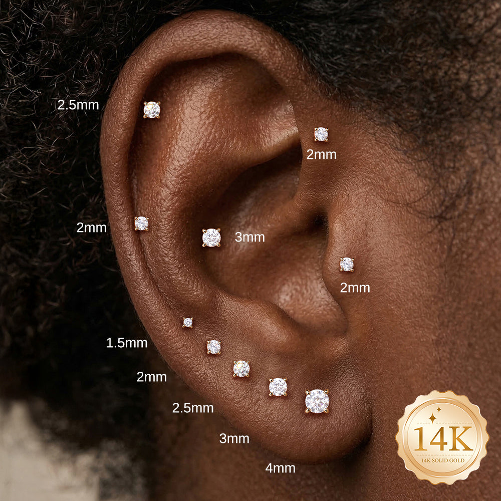 14K Gold Classic Four-Prong CZ Titanium Internally Threaded Flat Back Cartilage Stud | Hypoallergenic Piercing Jewelry