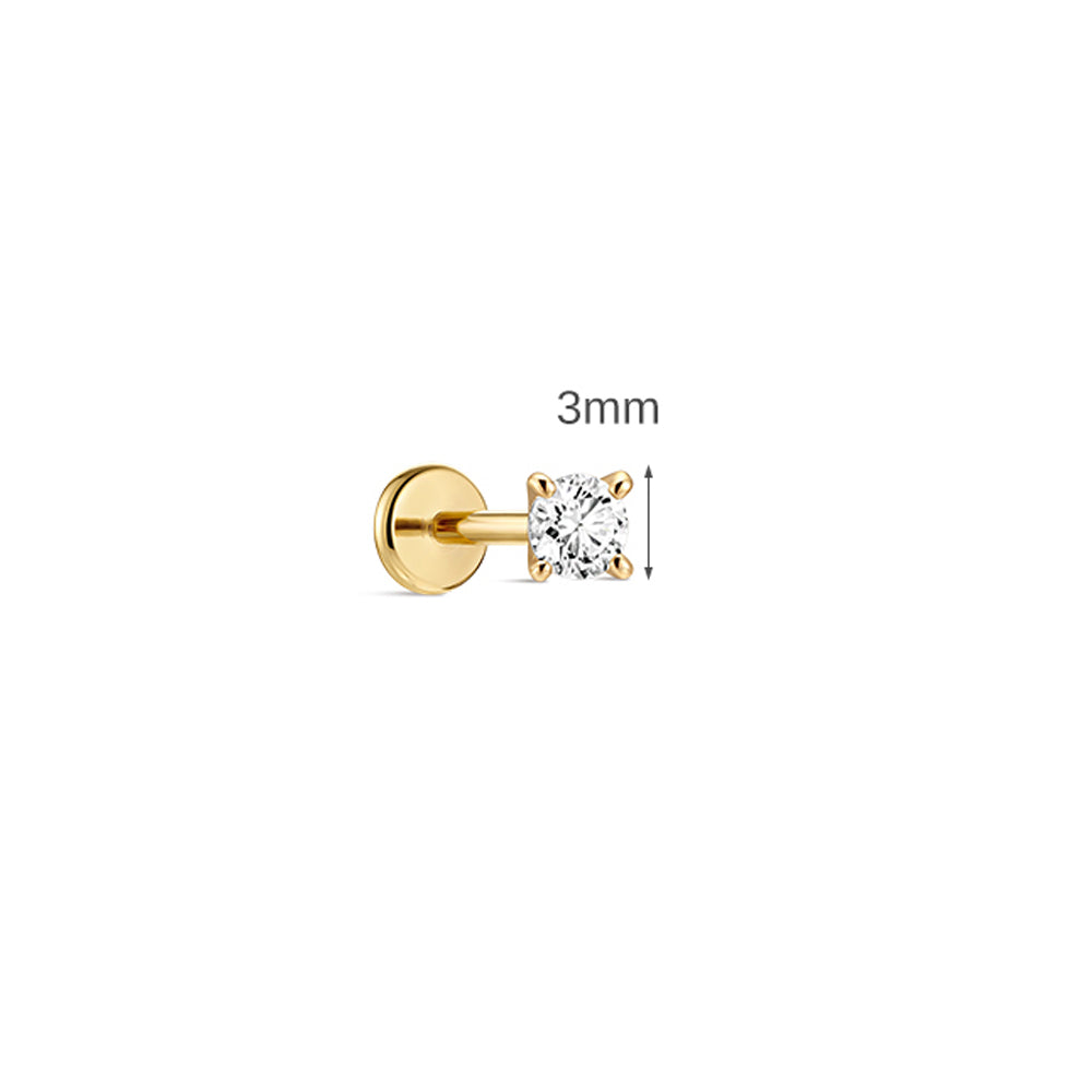 14K Gold Classic Four-Prong CZ Titanium Internally Threaded Flat Back Cartilage Stud | Hypoallergenic Piercing Jewelry