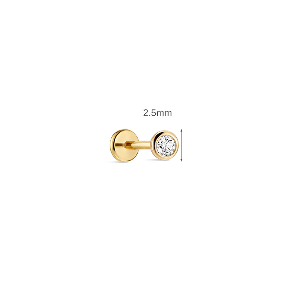14K Gold Classic Round Bezel-Set CZ Titanium Internally Threaded Flat Back Cartilage Stud | Hypoallergenic Piercing Jewelry