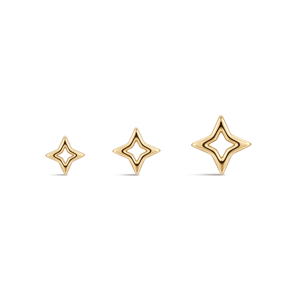 14K Gold Polished Four-Pointed Star Titanium Internally Threaded Flat Back Cartilage Stud | Hypoallergenic Piercing Jewelry