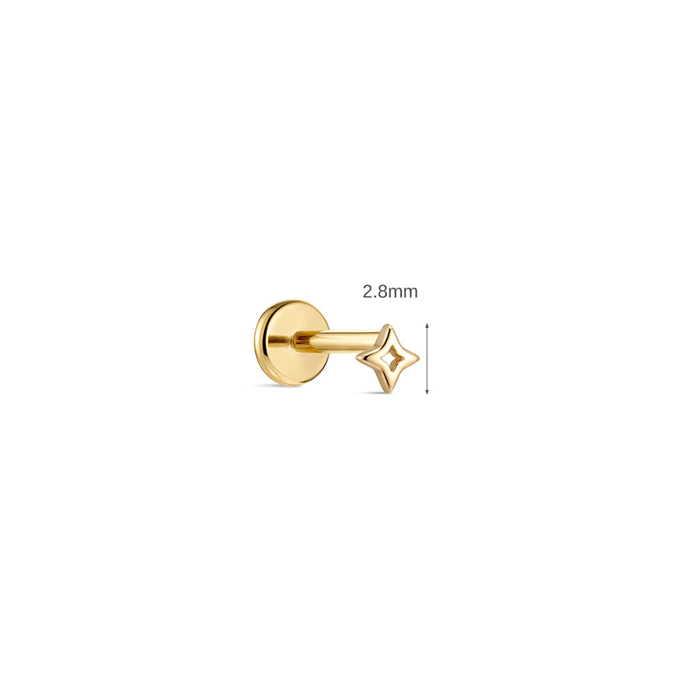 14K Gold Polished Four-Pointed Star Titanium Internally Threaded Flat Back Cartilage Stud | Hypoallergenic Piercing Jewelry