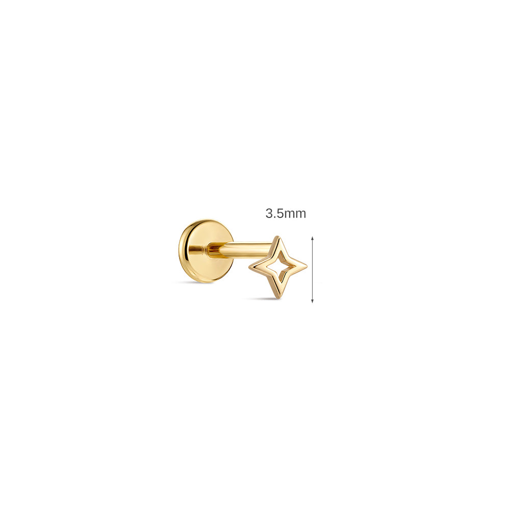 14K Gold Polished Four-Pointed Star Titanium Internally Threaded Flat Back Cartilage Stud | Hypoallergenic Piercing Jewelry