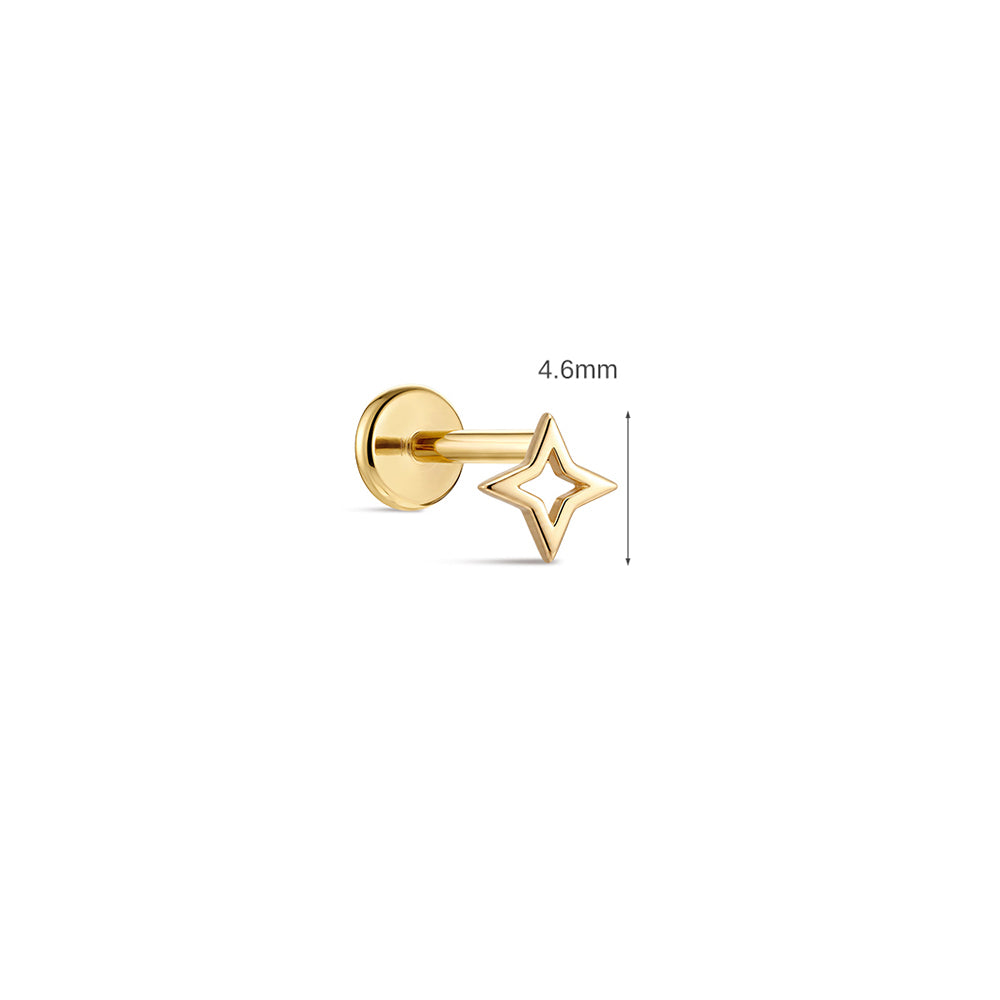 14K Gold Polished Four-Pointed Star Titanium Internally Threaded Flat Back Cartilage Stud | Hypoallergenic Piercing Jewelry