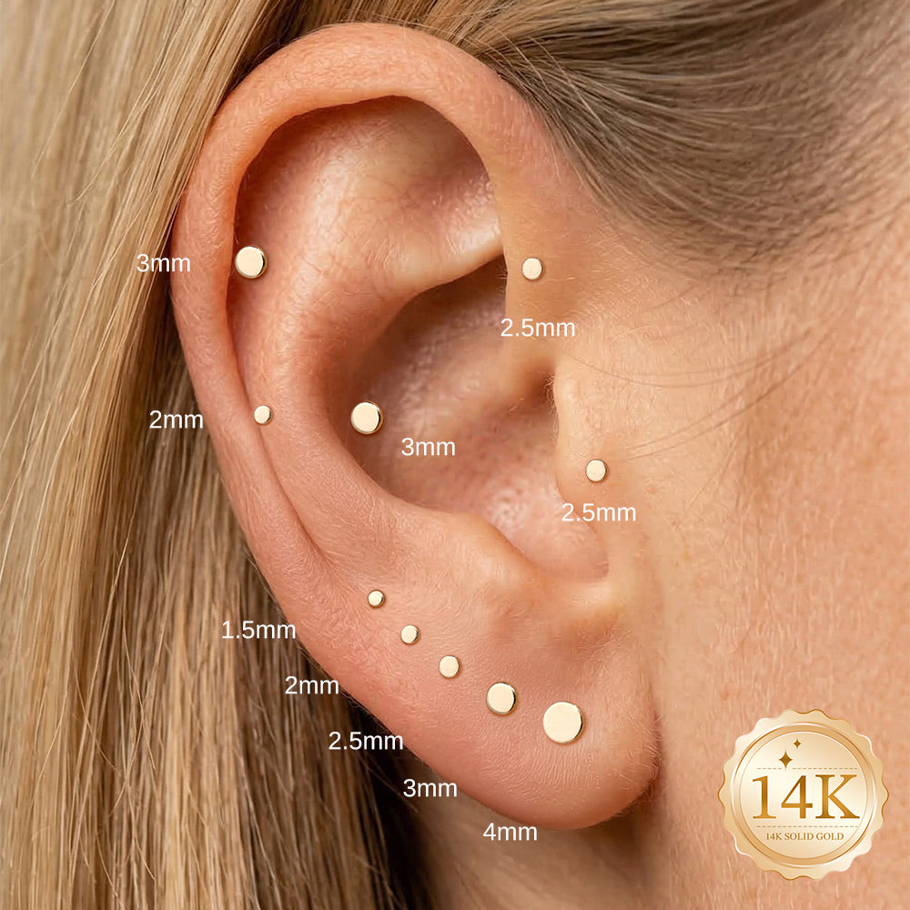 14K Gold Polished Round Disc Titanium Internally Threaded Flat Back Cartilage Stud | Hypoallergenic Piercing Jewelry