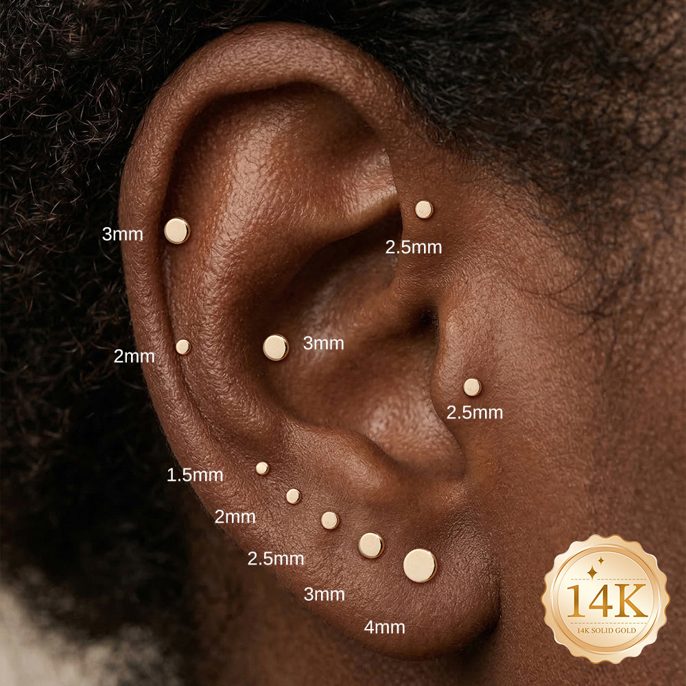 14K Gold Polished Round Disc Titanium Internally Threaded Flat Back Cartilage Stud | Hypoallergenic Piercing Jewelry