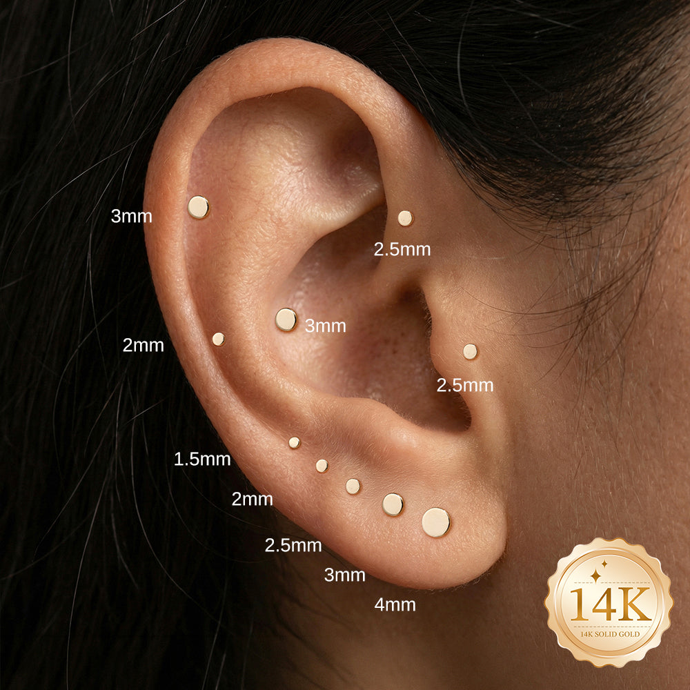 14K Gold Polished Round Disc Titanium Internally Threaded Flat Back Cartilage Stud | Hypoallergenic Piercing Jewelry