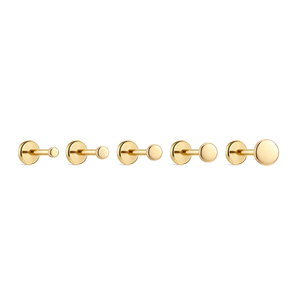 14K Gold Polished Round Disc Titanium Internally Threaded Flat Back Cartilage Stud | Hypoallergenic Piercing Jewelry