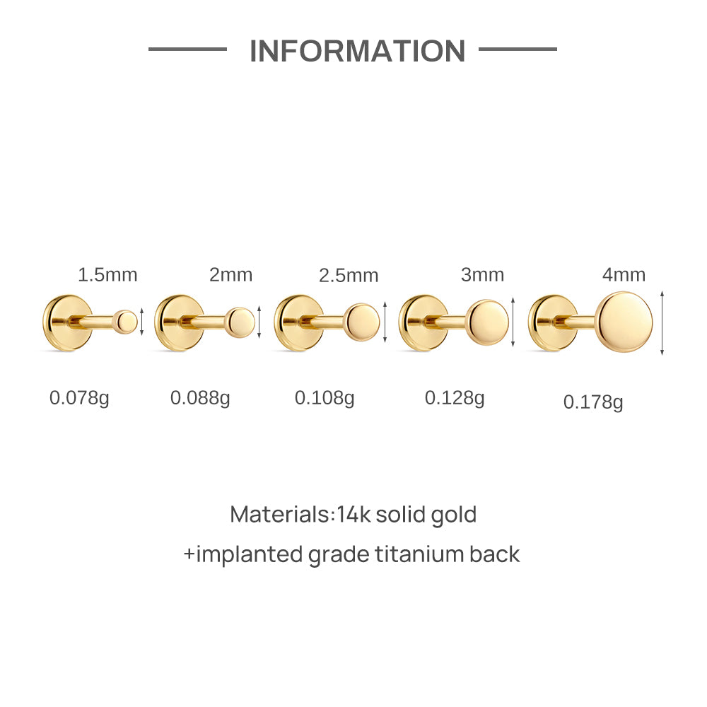 14K Gold Polished Round Disc Titanium Internally Threaded Flat Back Cartilage Stud | Hypoallergenic Piercing Jewelry