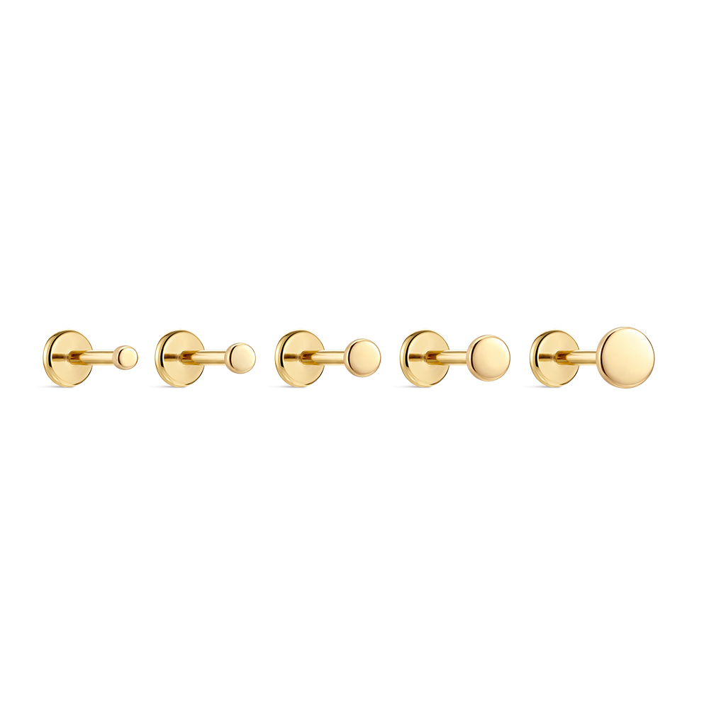 14K Gold Polished Round Disc Titanium Internally Threaded Flat Back Cartilage Stud | Hypoallergenic Piercing Jewelry