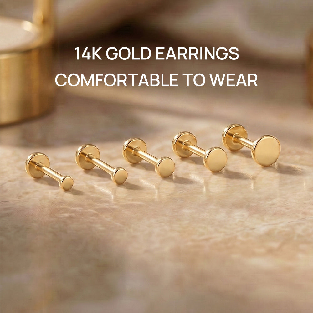 14K Gold Polished Round Disc Titanium Internally Threaded Flat Back Cartilage Stud | Hypoallergenic Piercing Jewelry