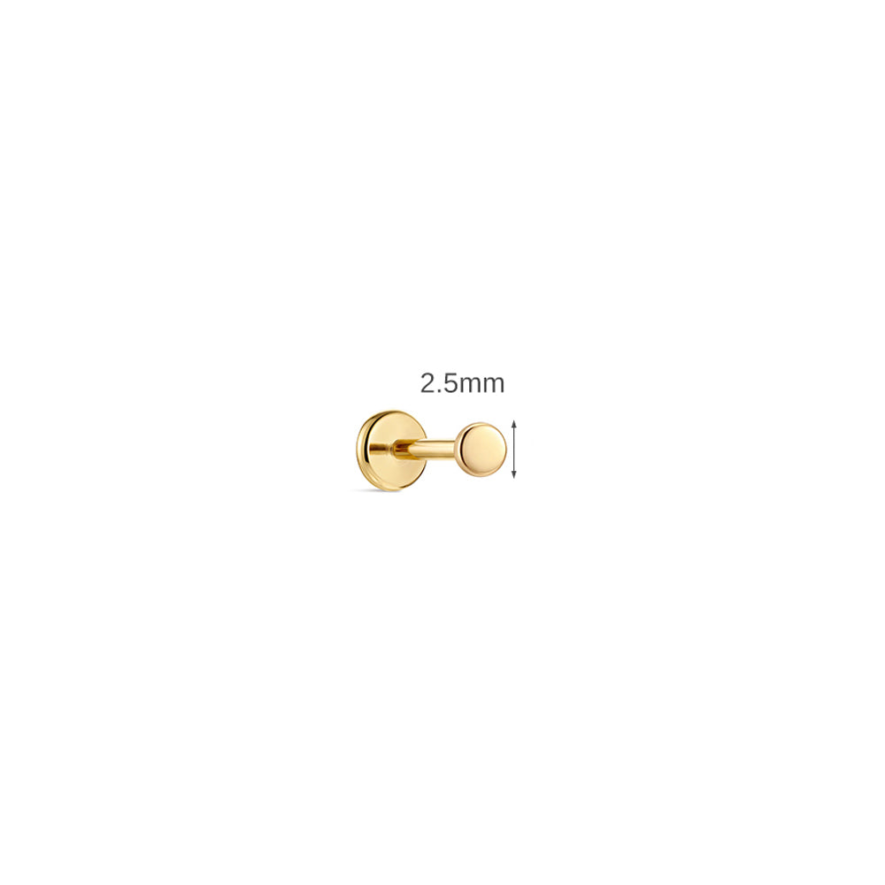 14K Gold Polished Round Disc Titanium Internally Threaded Flat Back Cartilage Stud | Hypoallergenic Piercing Jewelry